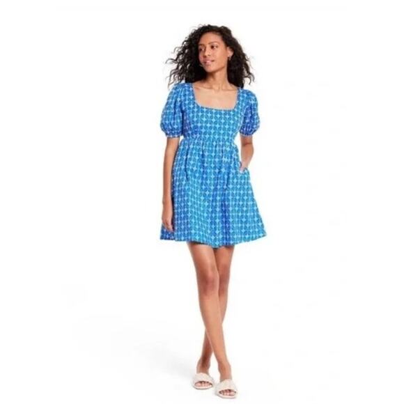 Rhode x Target NWT Blue Puff Sleeve Mini Dress Smocked Waist Cotton Size L Large - Picture 1 of 10